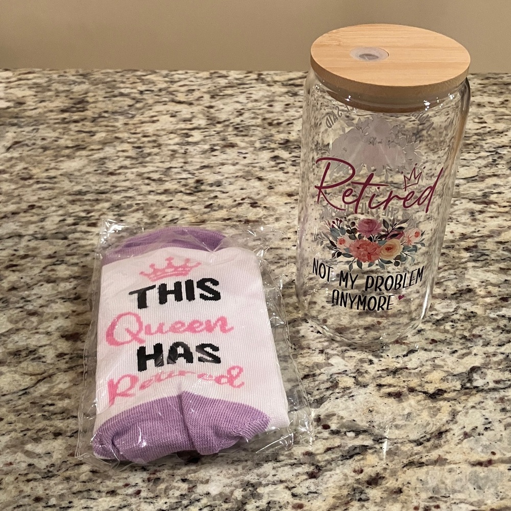 Retirement Gift Set This Queen Has Retired Lavender Socks + Floral Glass Tumbler